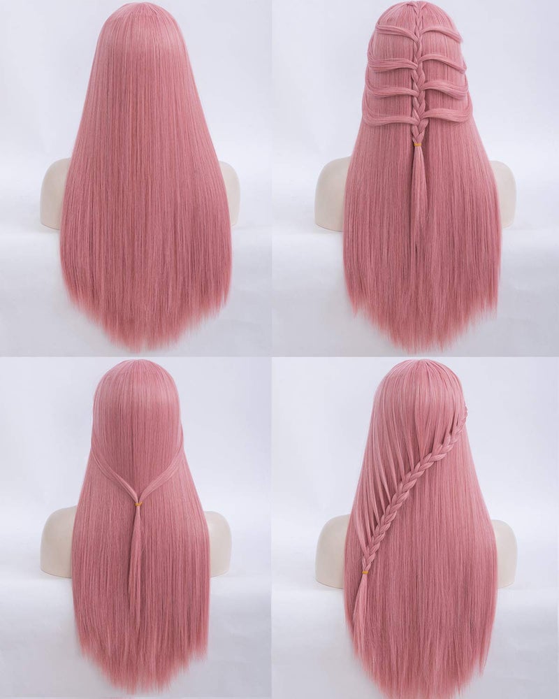 Netgo Pink Wigs, Long Straight Wig with Bangs for Women, 27 inch Heat Resistant Synthetic Cosplay Party Wigs With Bangs for Girls - Image 3